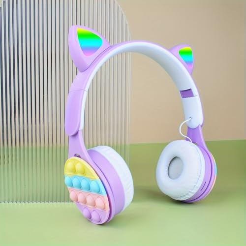 URIZONS Rainbow Pop-On-It Wireless Cat Ear Headphones with Led, Foldable TWS Glowing Cat Ears Stereo Headset Wireless Earphones Over-Ear Earbuds Gaming Headset (Purple)