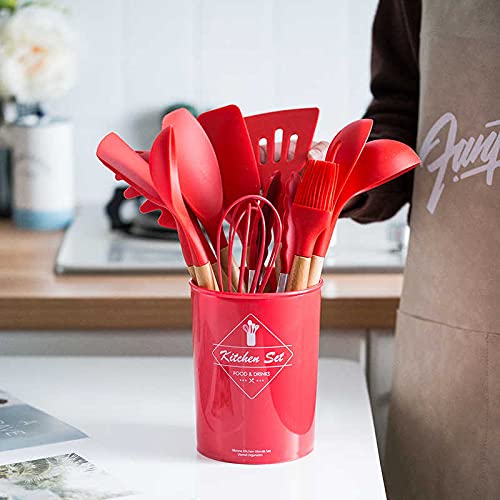 Kit de Utensílios p/Cozinha em Silicone e Bambu 12 Peças - Vermelho