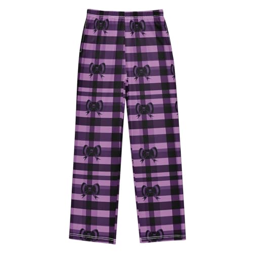 Pajama Bottoms, Purple Checkered with Bow Sleeping Pant Lounge Wear Elastic Waist Long Pants Sleepwear Pjs
