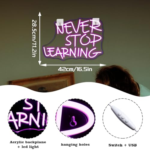 Image of Looklight Never Stop Learning Neon Sign,Purple LED Wall Neon Light,Letters Neon Light Sign for Wall Decor,USB Light Up Signs for Home Offices,Study Rooms,Classrooms,Libraries,Creative Workspaces