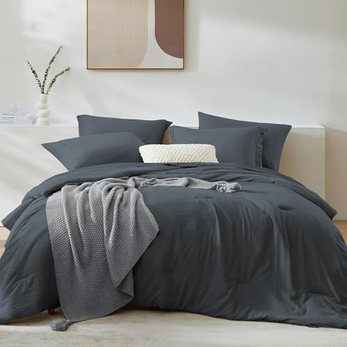 Image of Queen Comforter Set-7 Pieces Soft Prewashed Bed in a Bag Queen Bedding Sets | All Season Comforter with Sheets, Pillow Shams & Pillowcases,Blue Grey