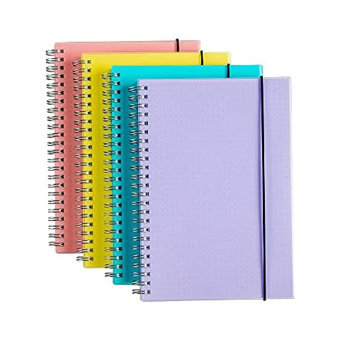 4 Pack A5 Spiral Bullet Dotted Journal with 120gsm Thick Paper, Dot Grid Spiral Notebook with Plastic Hardcover and Elastic Band Closure, 70 Sheets Per Pack 5.7X 8.3 inches Cover