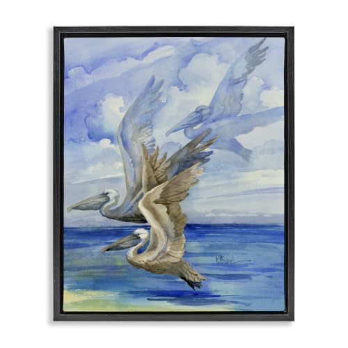 Pelicans Trio Over Ocean Shore, 25 x 31 Inch Canvas in Floater Frame