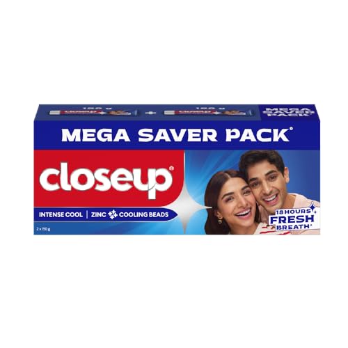Image of Closeup Intense Cool Blue Gel Toothpaste with Cooling Beads | Intense Cooling | 18 Hours of Fresh Breath, 300g (150g x 2)