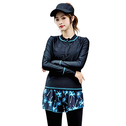 Teddy フィットネス 水着 レディース 体型カバー 5点セット 長袖 ラッシュガード スポーツブラ ショーツ ショートパンツ レギンス hys2122 黒 大きいサイズ (ブラック×パーム, 3L(15号))