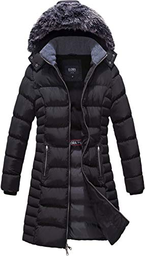 ELORA Women's Plus Size Winter Maxi Puffer Long Length Coat Fur Trim Removable Hood, Black,2X