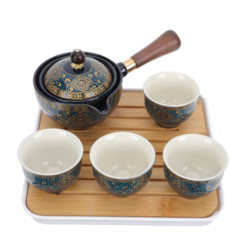 HOUDERCO 自動泡茶器 陶磁器製デスクトップ急須 ステンレス製フィルター付き 滑らかな表面と独特のハンドル設計 携帯便利な茶托と収納袋