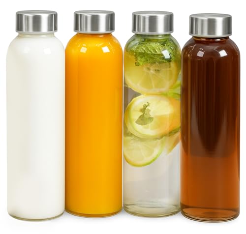Epica Botellas de agua de vidrio de 18 onzas con tapas, botellas de jugo, sin BPA y ecológicas, reutilizables, rellenables, para jugo, juego de 4, transparente