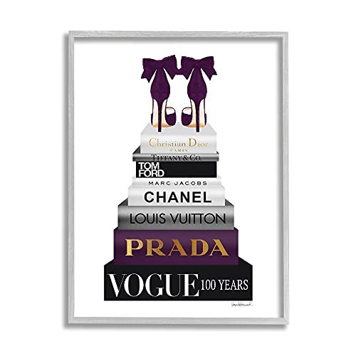 Stupell Industries Fashion Designer Shoes Bookstack Purple Gold Watercolor, Design by Amanda Greenwood Gray Framed Wall Art, 11 x 14