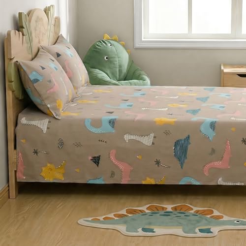 Image of Story@Home Kids Dinosaur Theme Double Bed Bedsheet Set 225x250 cm with 2 Pillow Covers | 180 TC Cotton Feel Fabric | Dino Brown T-Rex & Dino Print | Soft, Durable & Skin Friendly