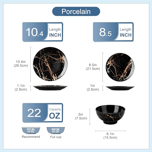 LOVECASA 12 Piece Porcelain Dinner Set for 4 People Black and Gold Dishwasher and Microwave Safe