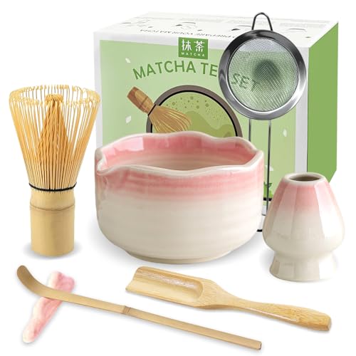 JBER Matcha Besen Set, Matcha Set 7-Teiliges - Bambus Matcha Whisk, Matcha Schale mit Auslauf, Besen Halter, Sieb, Löffel und Halter, Japanisches Matcha Kit für Matcha-Liebhaber, Farbverlauf Rosa