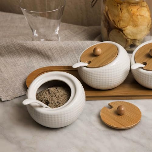 Image of 3 Pcs Porcelain Condiment Jar Spice Container with Bamboo Lids and Spoon Seasoning Pots for Kitchen, Coffee Bar, 30x10 cm