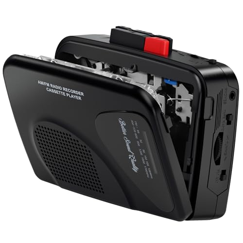 Walkmaner Cassette Player/Recorder, Am/FM Radio, Portable Cassette Player, Cassette Recording, Built-in Speakers, Manual Recording, T201 (Black)