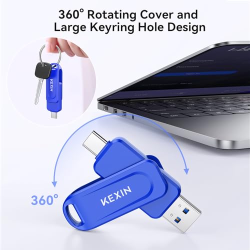 Image of KEXIN Dual 128GB USB 3.0 Flash Drive Pen Drive 110MB /s Swivel USB-A & Type-C Memory Stick for Smartphone Tablet iPhone 15 /16 /17 Car Game Console, Blue