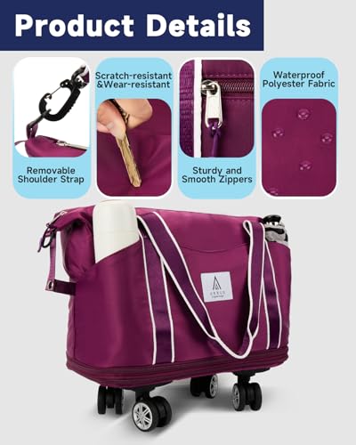 Arxus Carry On Luggage for Airplane, Rolling Duffle Bag with Detachable Wheels and Adjustable Shoulder Strap, Expandable Foldable Wheeled Travel Bag with Suitcase Sleeve for Women, image 4