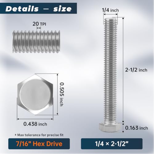 Image of 10 Sets Glvaner 1 /4-20 x 2-1 /2 inch Stainless Steel Hex Head Screws Bolts, Nuts, Flat & Lock Washers, 18-8 (304) Stainless Steel, Full Thread, Coarse Thread