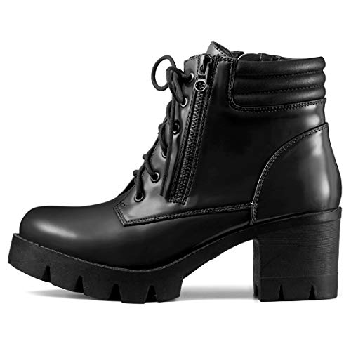 Allegra K Women's Round Toe Chunky Heel Lace Up Zipper Black Combat Boots 8 M US
