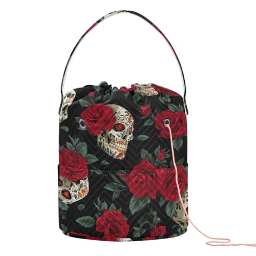 Image of ElliTarr Crochet Bag Yarn Bag with Handle Portable Knitting Project Bag Travel Yarn Storage Organizer Holder Case Mexico Skull Rose Flowers Red