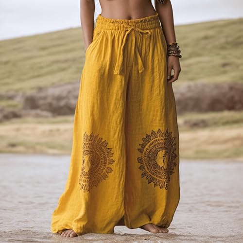 Palazzo Linen Pants for Women Loose Summer Boho Pant Drawstring Elastic Waisted Baggy Wide Leg Pants Floral Trousers2