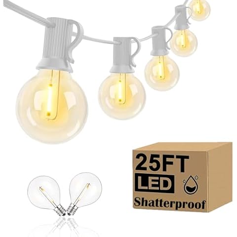 Romasaty 25Ft LED Outdoor String Lights,Connectable Bright LED Patio Lights String with 27 Shatterproof G40 LED Bulbs,Dimmable Waterproof Patio String Lights for Outside, Garden, Balcony, Backyard Cover