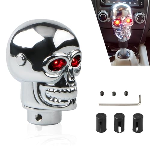 Neferta 1 PC Car Shift Knob Gear Cover, Skull Shape Manual Vehicle Alloy Shifter with LED Light with M8/M10/M12 Adapter, Personalized Decorative Modification Accessories for Most Cars (Silver & Red)