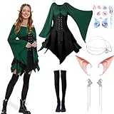 SKEFOLI 6Pcs Women Elf Costume Medieval Renaissance Dress Traditional Irish Fairy Costume Elf Ear for Halloween Cosplay (M)