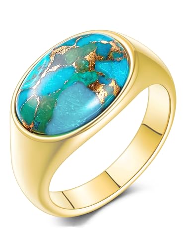 Phyonio Turquoise Rings for Women, 14K Gold-Plated Stainless Steel Statement Ring with Oval Teal...