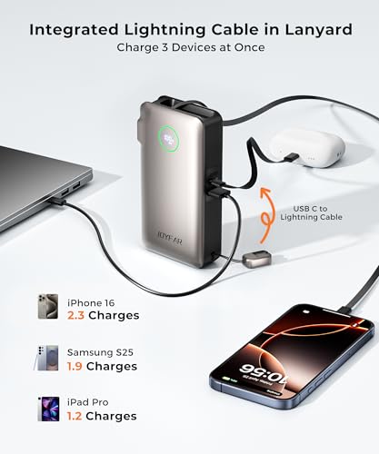 Image of JOYFAR Portable Charger Power Bank - Battery Pack 35W AC Plug GaN 10000mAh Built in Cable USB C Phone Fast Charging Powerbank Compatible with iPhone 16 15 14 13 12 11 X iPad MacBook Samsung (Gold)