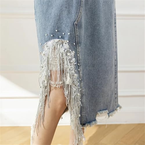 Women's Split Beaded Irregular Denim Skirts Tassel Ripped Casual Jeans Skirt3