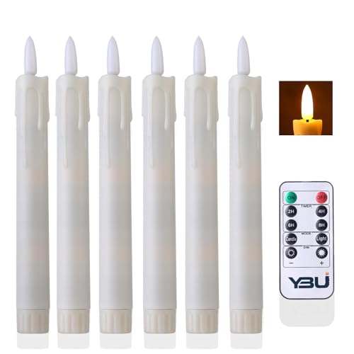 Image of YBU Flameless Taper Candles with Remote 7 Inches Led Candle Sticks with Flickering Light Timer Dimmer Battery Operated Window Candles for Halloween Christmas Decoration 6 Pcs, Ivory