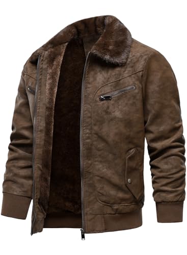 HOOD CREW Men’s Faux Fur Flight Bomber Jacket Vintage Winter Coats Fleece Lined Leather Jackets4