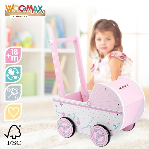 WOOMAX Holz, 26,5 x 39 x 46 cm, weiß, mit Rollen, für Puppen von 30 – 40, Babyspielzeug 3 Jahre, Puppenwagen (46475), Rosa Warenkorb