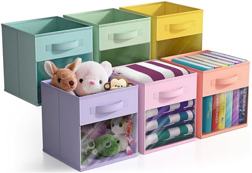 Sorbus 11 Inch Storage Bins with Clear Window - 6 Foldable Baskets for Organizing Clothes, Toys, Books - Sturdy Collapsible Fabric Storage Cubes with Handle - Storage Baskets for Shelves, Closets