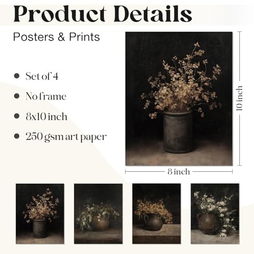 Image of WEFKODO Dark Cottagecore Decor Vintage Moody Botanical Wall Decor, Moody Wall Art for Home Bedroom Bathroom Living Room Dorm College, Cottagecore Room Posters Prints 4Pcs, 8x10 Unframed
