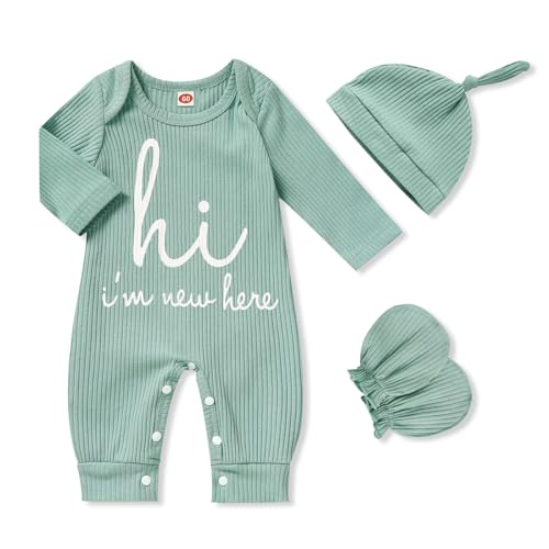 Image of GRNSHTS Newborn Baby Boy Romper Coming Home Outfits Letter Print Bodysuit Jumpsuit+Hat+Gloves 3PCS Clothes Set