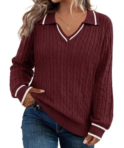 Image of CARCOS Plus Size Sweaters for Women Long Sleeve Pullover Sweaters Lapel Collared Vneck Knit Jumper Tops Fall Winter XL-5XL
