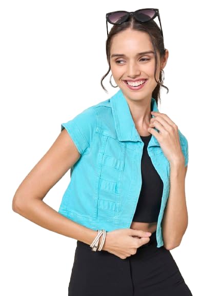 Image of Style Quotient Women Navy Blue Denim Open Front Regular Shrug