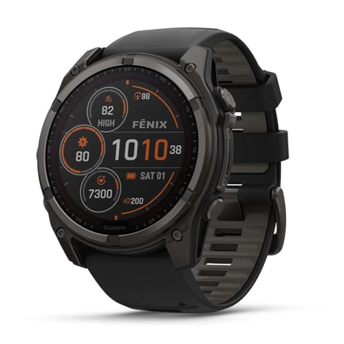 Image of Garmin Fenix 8 51mm Solar Sapphire Multisport GPS Smartwatch, Carbon Gray DLC Titanium with Black /Pebble Gray, 010-02907-10 - Bundle w /Deco Essentials Charging Dock, Dust Cover and USB-C Cable
