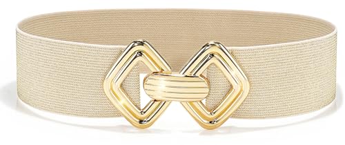 Glamorstar Wide Elastic Belts for Women Stretchy Skinny Waist Belt for Dresses Beige Gold 80cm/32in