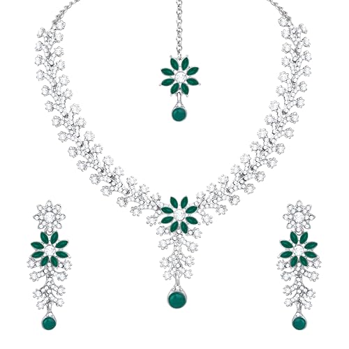 Image of Atasi International Diamond Necklace Jewellery Set for Women with Earrings and Maang Tikka for Wedding, Party, Engagements & Festivals