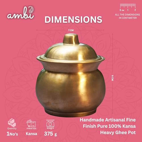 Image of Ambi Home Handmade Artisanal Pure Kansa Ghee Pot with Spoon | 100% Ayurvedic Metal Storage Jar with Lid | 200 ml Capacity | Traditional Artisanal Design | Golden Finish