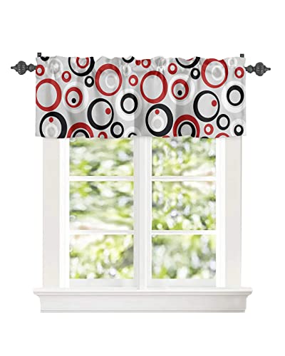 Window Curtain Valances For Kitchen Windows,Red Black White Round Circle Rod Pocket Short Window Valance Modern Geometric Art On Grey Cafe Treatment Valance For Living Room/Bathroom/Bedroom,54X18In #TOP1
