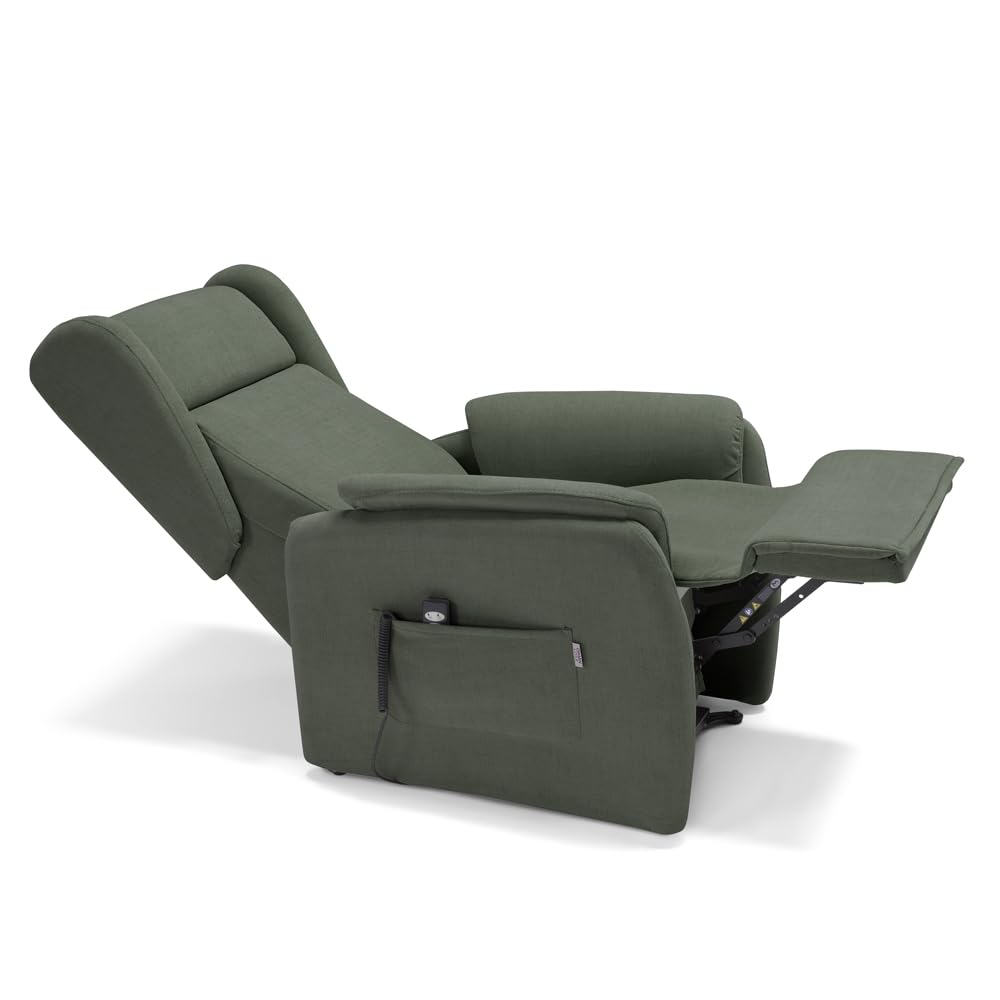 Poltrona relax elettrica FIRENZE MADE IN ITALY per anziani e disabili con kit batteria optional, 2 motori, 4 ruote, optional antimacchia (Senza Kit Batteria, Tessuto Antimacchia, Verde Foresta)