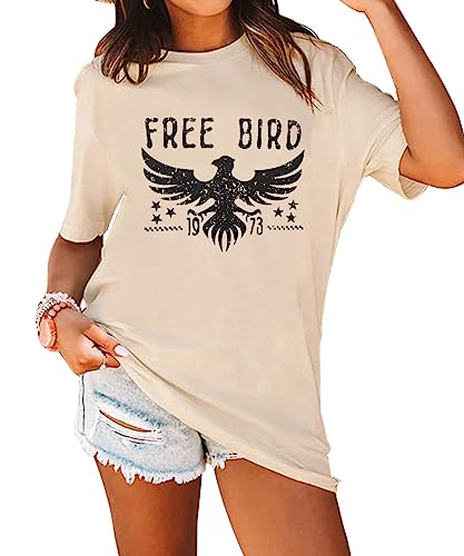 KEKEMI Vintage Rock Band Tshirts Women Retro Free Bird Western Graphic Tees Country Music Shirts Casual Short Sleeve Tops(Apricot-73,Small)