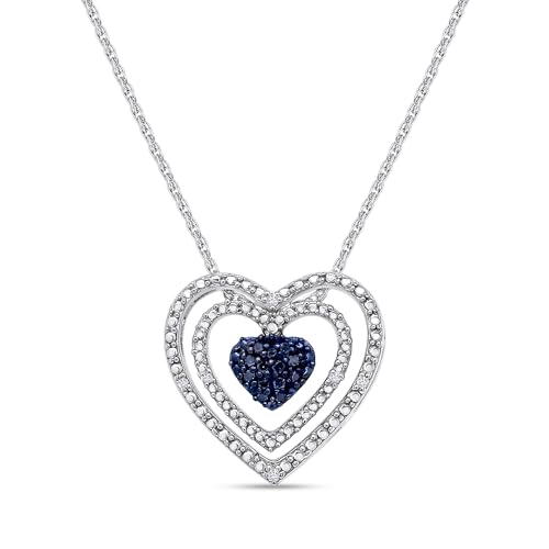 THE JEWEL ZONE Blue & White Natural Diamond Accent Double Frame Heart Pendant Necklace in 14K Gold Over Sterling Silver