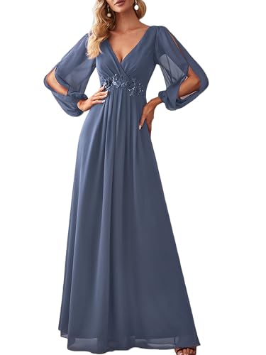 Ever-Pretty Women's V Neck Long Sleeves Floor Length Ruched Chiffon A-Line Formal Evening Dress Mother of Bride Dresses Dusty Blue US20