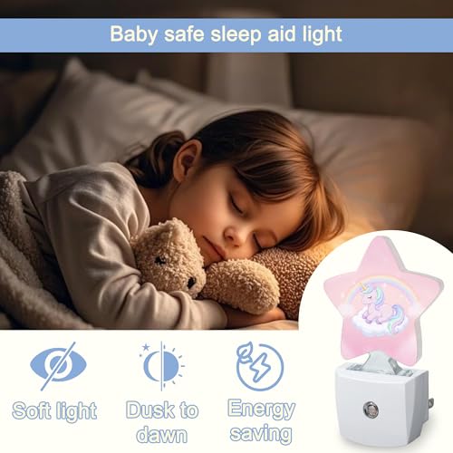 Image of Rainbow Unicorn Dusk to Dawn Star Night Light,Cute Pink Sky Smart Sensor Nightlight for Bedroom Kitchen Hallway Stairs,Plug-in Energy Efficient Decor Desk Lamp Women Men Gifts