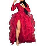 Women Long Tulle Tutu Skirts Layered A-Line Puff Mesh Skirt Floor Length Split Half-Dress Ruffle Princess Skirt (US, Alpha, One Size, Regular, Regular, Red)