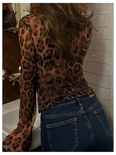 Women's Leopard Sheer Tops Bell Sleeve Tie Front V Neck T Shirt Vintage Party Y2K Clothes Going Out Top2
